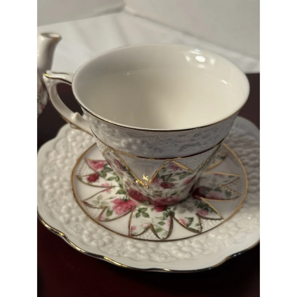 4 piece Grace teaware tea for one Rose Floral Teapot Cup Saucer & cookie‎ tray